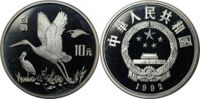 Weltmünzen und Medaillen, China. Weisse Störche. 10 Yuan 1992, Silber. KM 454. Polierte Platte