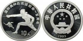 Weltmünzen und Medaillen, China. Atlanta Sommerolympiade, Fechten. 10 Yuan 1993, Silber. KM 524. Polierte Platte