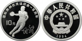 Weltmünzen und Medaillen, China. Olympische Sommerspiele in Atlanta 1996 - Basketballspieler. 10 Yuan 1994, Silber. KM 527. Polierte Platte