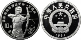 Weltmünzen und Medaillen, China. Olympische Sommerspiele in Atlanta 1996 - Bogenschießen. 10 Yuan 1994, Silber. KM 526. Polierte Platte