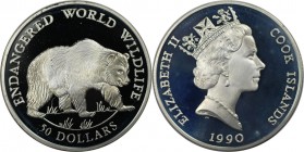 Weltmünzen und Medaillen, Cookinseln / Cook Islands. Gefährdete Weltwildleben-Reihe - Grizzly. 50 Dollars 1990, Silber. 0.58 OZ. KM 52. Polierte Platt...
