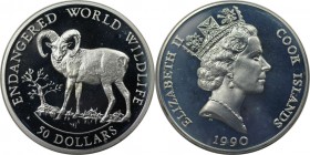 Weltmünzen und Medaillen, Cookinseln / Cook Islands. Gefährdete Weltwildleben-Reihe - Mufflon. 50 Dollars 1990, Silber. 0.58 OZ. KM 56. Polierte Platt...