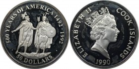 Weltmünzen und Medaillen, Cookinseln / Cook Islands. Serie: 500 Jahre Amerika - Cortez und Montezuma. 50 Dollars 1990, Silber. 0.93 OZ. KM 185. Polier...