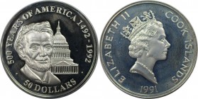 Weltmünzen und Medaillen, Cookinseln / Cook Islands. Serie: 500 Jahre Amerika - Abraham Lincoln. 50 Dollars 1991, Silber. 1.0 OZ. KM 48. Polierte Plat...