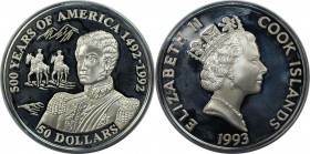 Weltmünzen und Medaillen, Cookinseln / Cook Islands. Serie: 500 Jahre Amerika - Jose de San Martin. 50 Dollars 1993, Silber. 0.93 OZ. KM 248. Polierte...