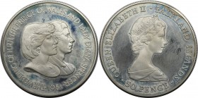 Weltmünzen und Medaillen, Falklandinseln / Falkland islands. Hochzeit Prinz Charles und Lady Diana. 50 Pence 1981, Silber. 0.84 OZ. KM 16a. Polierte P...