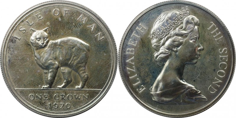 Weltmünzen und Medaillen, Isle of Man. "Manx-Katze". 1 Crown 1970, Silber. KM 18...