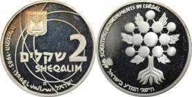Weltmünzen und Medaillen, Israel. 37. Jahrestag - Wissenschaft in Israel - Moleküle. 2 Sheqalim 1985, Silber. 0.79 OZ. KM 149. Polierte Platte