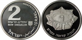 Weltmünzen und Medaillen, Israel. Chanukka - Persischer Leuchter. 2 New Sheqalim 1989, Silber. 0.79 OZ. KM 206. Polierte Platte