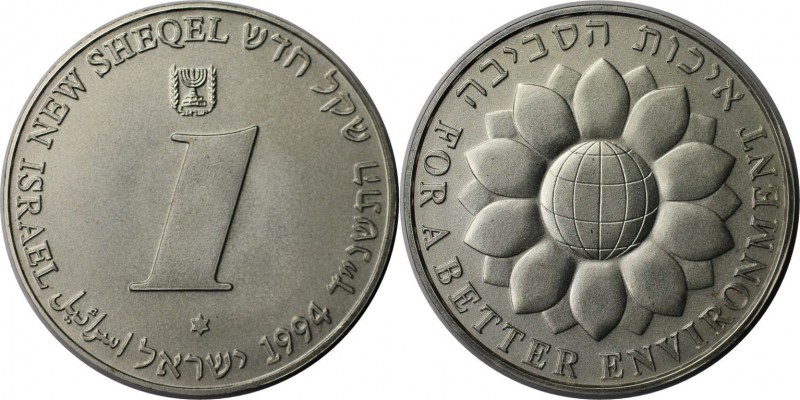 Weltmünzen und Medaillen, Israel. Globus mit Blumen. 1 New Sheqel 1994, Silber. ...