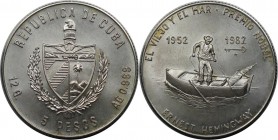 Weltmünzen und Medaillen, Kuba / Cuba. Ernest Hemingway. 5 Pesos 1982, Silber. 0.39 OZ. KM 98. Stempelglanz