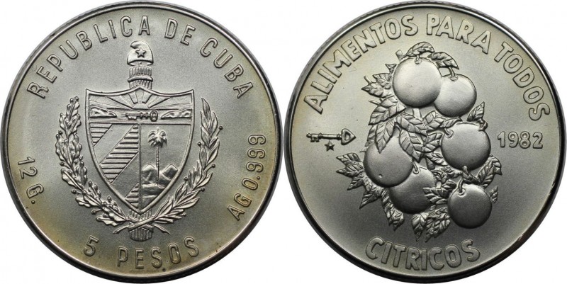 Weltmünzen und Medaillen, Kuba / Cuba. Serie: F.A.O. - Citrusfrüchte. 5 Pesos 19...