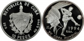 Weltmünzen und Medaillen, Kuba / Cuba. Fußball. 10 Pesos 1992, Silber. 0.64 OZ. KM 458.1. Polierte Platte