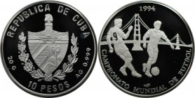Weltmünzen und Medaillen, Kuba / Cuba. "1994. Fußball-Weltmeisterschaft in den USA". 10 Pesos 1994, Silber. 0.64 OZ. Polierte Platte
