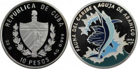 Weltmünzen und Medaillen, Kuba / Cuba. Farbmünze. Kuba Fauna der Karibik - Delfine. 10 Pesos 1994, Silber. 0.64 OZ. KM 500. Polierte Platte