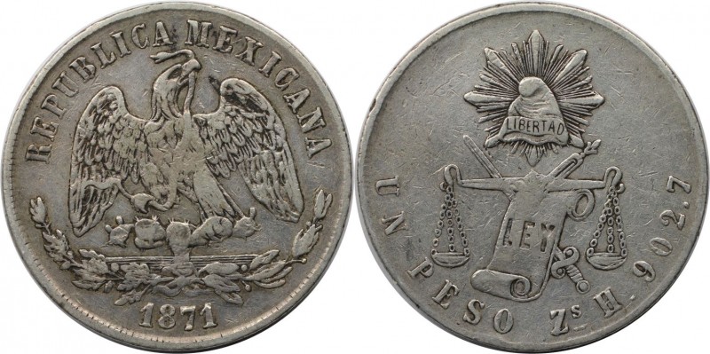 Weltmünzen und Medaillen, Mexiko / Mexico. 1 Peso 1871 Zs H, Silber. KM 408.8. S...