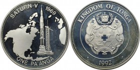 Weltmünzen und Medaillen, Tonga. "Raumfahrt - Saturn-V 1969". 1 Pa'anga 1992, Silber. 0.94 OZ. KM 158. Polierte Platte