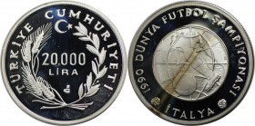 Weltmünzen und Medaillen, Türkei / Turkey. Fußball-Weltmeisterschaft 1990 in Italien. 20000 Lira 1990, Silber. 0.69 OZ. KM 992. Polierte Platte