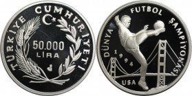 Weltmünzen und Medaillen, Türkei / Turkey. "Fußball Weltmeisterschaft in den USA 1994". 50000 Lira 1993, Silber. 0.62 OZ. Polierte Platte