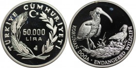 Weltmünzen und Medaillen, Türkei / Turkey. Gefährdete Tierwelt - Waldrapp. 50000 Lira 1994, Silber. 0.94 OZ. KM 1030. Polierte Platte