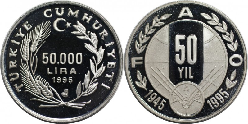 Weltmünzen und Medaillen, Türkei / Turkey. F.A.O. 50 Jahre. 50000 Lira 1995, Sil...