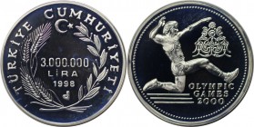 Weltmünzen und Medaillen, Türkei / Turkey. "2000 Olympia-Serie - Weitsprung". 3000000 Lira 1998, Silber. 0.93 OZ. KM 1107. Polierte Platte