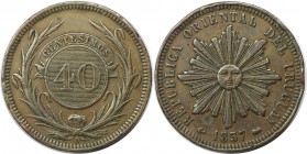 Weltmünzen und Medaillen, Uruguay. 40 Centesimos 1857 D, Kupfer. KM 10. Fast Vorzüglich