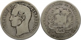 Weltmünzen und Medaillen, Venezuela. Republik seit 1830. 5 Bolívares (Gram.25) 1887, Silber. KM Y# 24.1. Schön