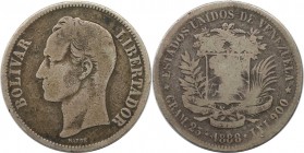 Weltmünzen und Medaillen, Venezuela. Republik seit 1830. 5 Bolívares (Gram.25) 1888, Silber. KM Y# 24.1. Schön