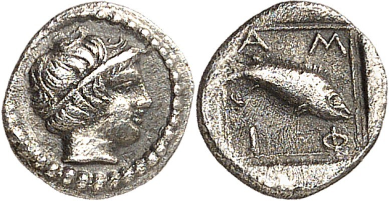 MAKEDONIEN. 
AMPHIPOLIS. 
Obolos (420/357 v.Chr.) 0,39g. Apollokopf / A-M-F-I ...