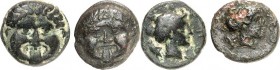 MAKEDONIEN. 
NEAPOLIS (Kavala). 
AE-Chalkus 10,11mm (410/350 v.Chr.) Gorgoneion / Nymphenkopf n.r. (2). SNG ANS&nbsp; 460. . 


dunkelbraune Pati...