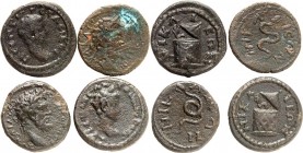 BITHYNIEN. 
NIKAIA (Iznik). 
LOT. 4 Kleinbronzen 16/17mm Septimius Severus / Hoch aufgerichtete Schlange RG 441, 339 (2), Caracalla / Cista mystica ...