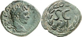 SYRIEN. 
SELEUKIS und PIEREIA / ANTIOCHEIA (Antakya). 
Caracalla 198-217. AE-23mm 7,13g. Kopf m. Lkr. n.r. AYT KAI - ANT WNEINO C - CEB / Im Lorbeer...