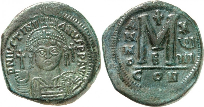 BYZANZ. 
IUSTINIANUS I. 527-565. AE-Follis 33/34mm ("19"= 545/546) 19,39g, Kons...