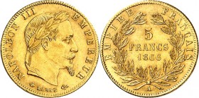 FRANKREICH. 
Napoleon III. 1852-1870. 5 Francs 1866A Paris. Schlumb.&nbsp; 389, Fr.&nbsp; 588. 1,45g fein. 


vz