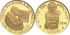 ITALIEN. 
KIRCHENSTAAT. 
Johannes Paul II. 1978-2005. 50000 Lire 1998An XXI Papst an der Hl. Pforte Basilica St.Pietro (Petersdom) im Vatikan/ Madon...