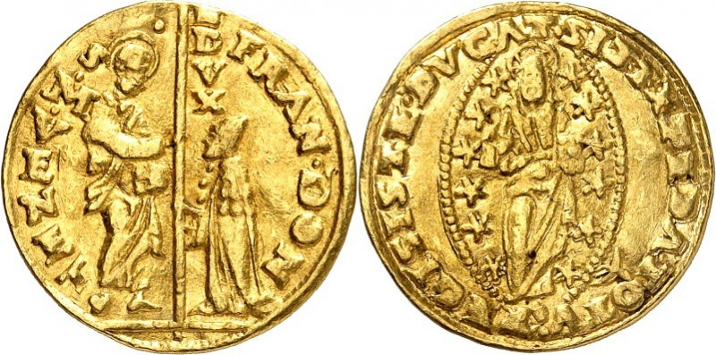 ITALIEN. 
VENEDIG. 
Francesco Dona 1545-1553. Zecchino . San Marco überreicht ...