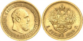 RUSSLAND. 
ZARENREICH. 
Alexander III. 1881-1894. 5 Rubel 1889 A G St. Petersburg. Schlumb.&nbsp; 181, Fr.&nbsp; 151. 6&nbsp;g. fein. 


l.Rf., s...