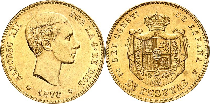 SPANIEN. 
KÖNIGREICH. 
Alfonso XII. 1874-1885. 25 Pesetas 1878 (18-78) DE- M K...