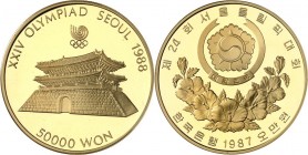 KOREA, Süd. 
50 000 Won 1987(Unze) Olympiade 1988 Seoul Pagoda. Fr. 9, K.-M. 73. . 


P.P. im Or. Etui