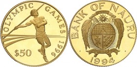 NAURU-INSEL. 
50 Dollars 1996 Olympiade 1996 Atlanta, Speerwerfer. K-M. 73, Fr. 1. 4,69 g fein. 


PP. P.P.