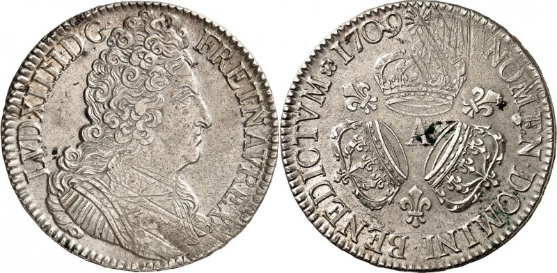 FRANKREICH. 
Louis XIV. 1643-1715. Ecu aux 3 couronnes 1709 A Paris. Geharn. Br...