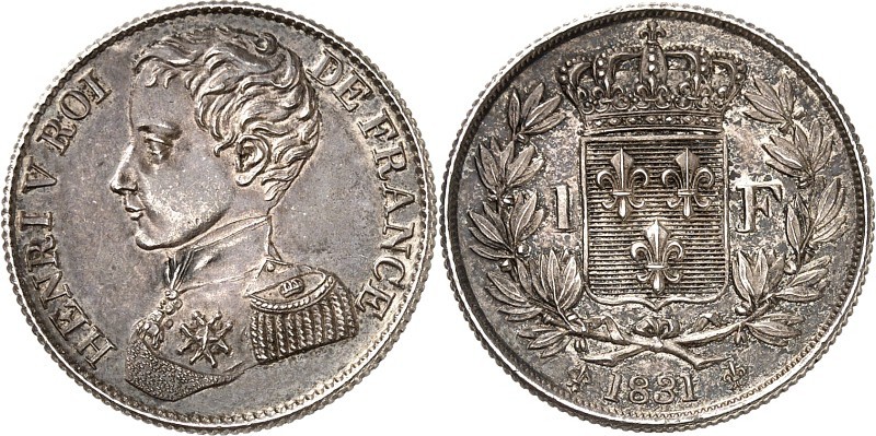 FRANKREICH. 
Henri V., Thronprätendent *1820 +1883. "1 Franc" 1831 Brb. in Unif...