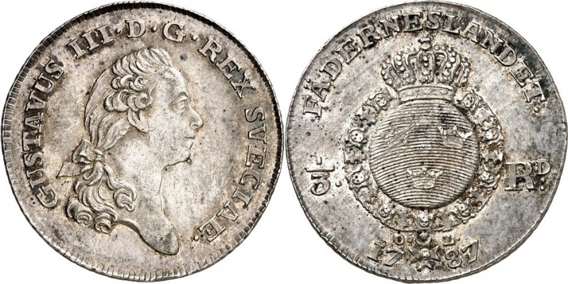 SCHWEDEN. 
KÖNIGREICH. 
Gustav III. 1771-1792. 1/3 Riksdaler 1787 Kopf n.r. / ...