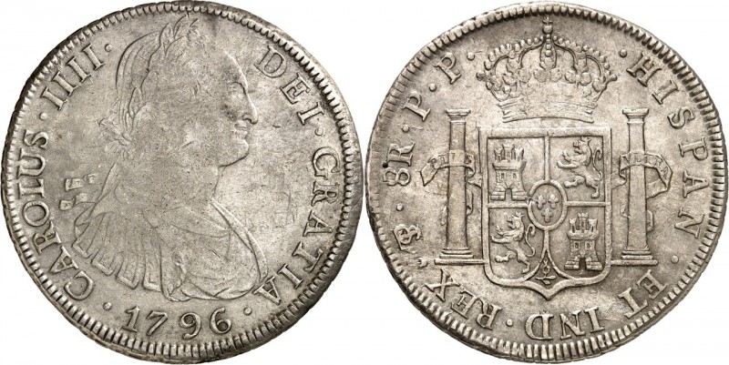 SPANIEN. 
KÖNIGREICH. 
Carlos IV. 1788-1808. 8 Reales 1796 P.P. Potosi (Bolivi...