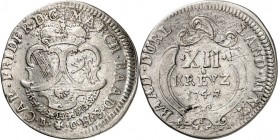 Baden-Durlach. 
Karl Friedrich 1738-1803 (-1806 -1811). 12 Kreuzer Landmünze 1747 Mz.B.C. 3 Wappen mit anhängender Ordenskette unter Fürstenhut / 3 Z...