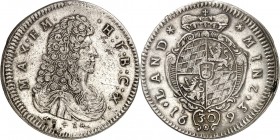 Bayern. 
Maximilian II. Emanuel 1679-1726. 30 Kreuzer 1693 Brb. n.r. ohne Einfassung / Gekr. ovales Wappen. Hahn&nbsp; 195, Witt.&nbsp; 1653. . 

...