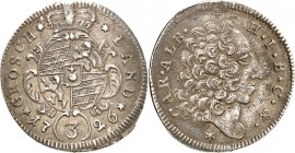 Bayern. 
Karl Albrecht 1726-1745. 3 Kreuzer Landgroschen 1726 Brb. n.r. / Wappen in Ordenskette unter Kurhut. Hahn&nbsp; 242, Witt. 1944. . 


vz-