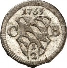 Bayern. 
Maximilian III. Joseph 1745-1777. 1/2 Kreuzer 1765 einseitig. Eingebuchteter Rautenschild zwischen C-B. Hahn&nbsp; 287, Schön&nbsp; 79a, Wit...