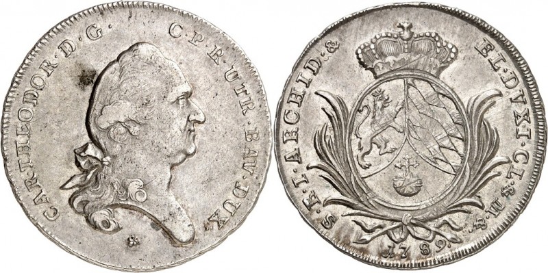 Bayern. 
Karl Theodor 1777-1799. 1/2 Conv.-Wappentaler 1789 München. Büste n.r....